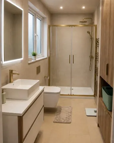 Narrow bathroom with a wall-hung white vanity and countertop basin, a brass tap, a backlit mirror, a glass-doored shower and tall wooden storage
