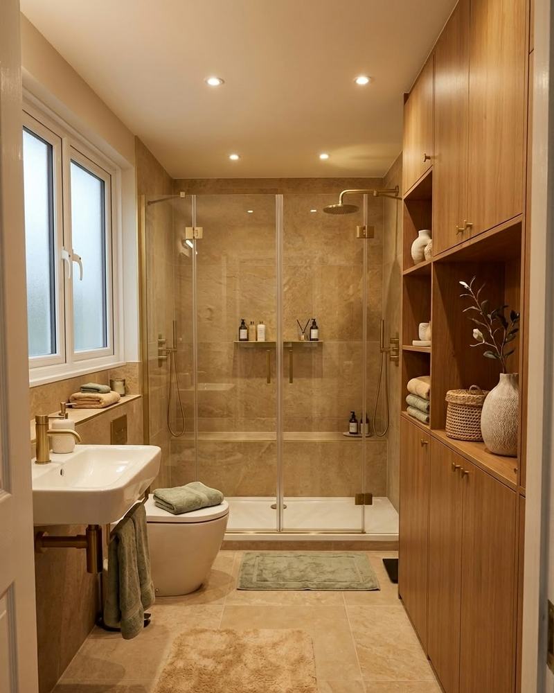 Modern bathroom with black marble walls, a floating dark vanity with a white oval basin, a backlit mirror, a reeded glass shower screen and a white marble floor